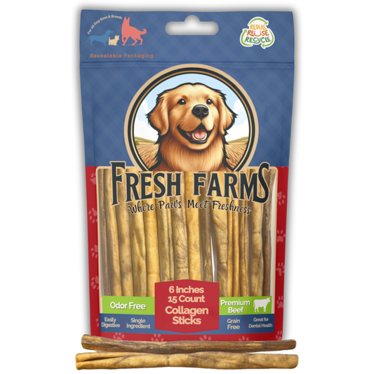 Collagen Sticks for Dogs (15 Pack 6" Inches) – Long-Lasting Alternative to Bully Sticks, Rawhide-Free Collagen Chews with Chondroitin & Glucosamine for Joint Support & Dental Health