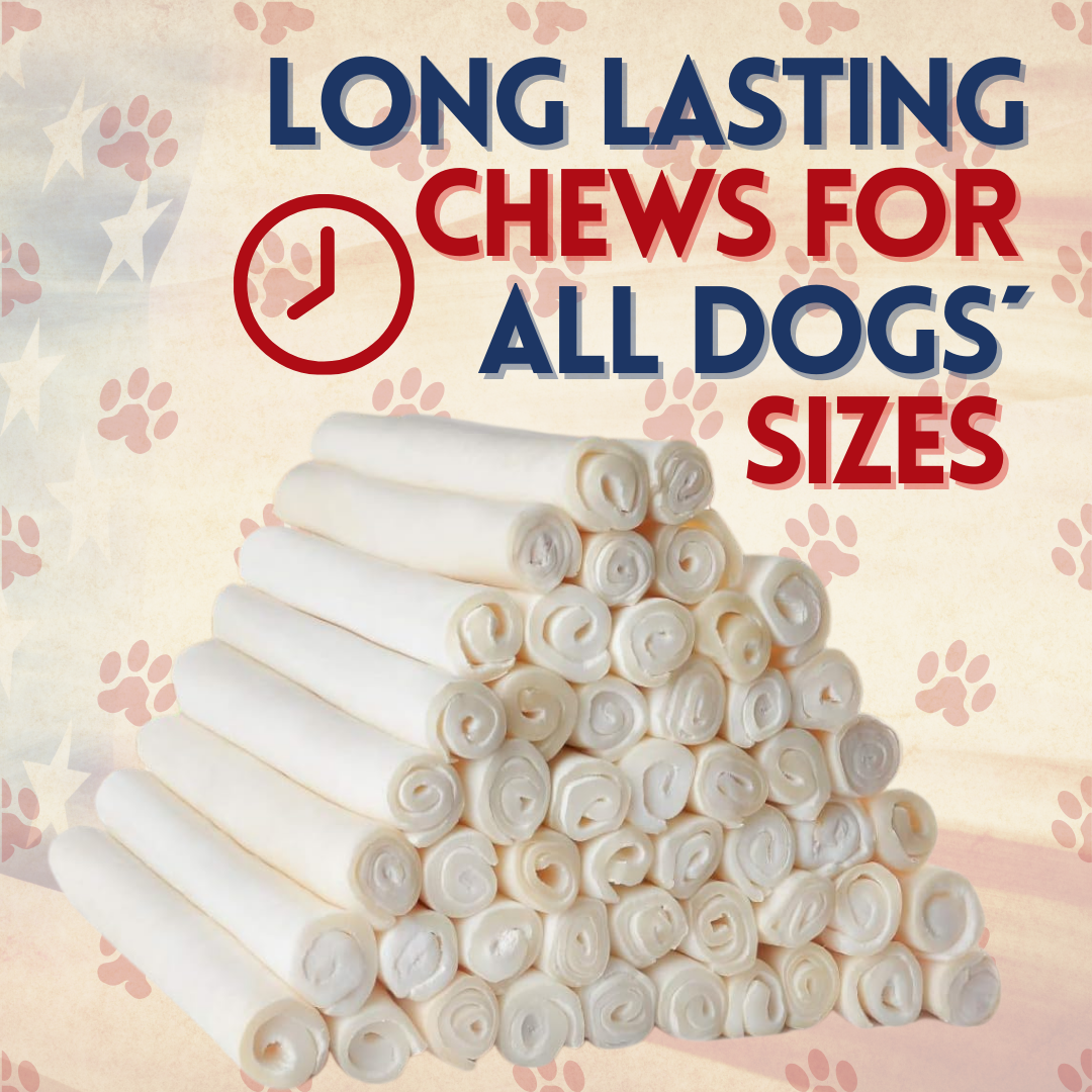 Value pack with 20 Units Per Pack of Natural Rawhide 9-10" Rolls Value Pack: One Single Layer Premium Cut rawhide dog chews long lasting, no small pieces, for aggressive chewers. No preservatives, perfect natural dog care.